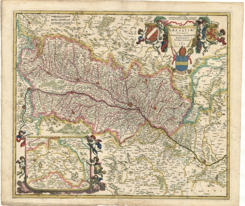 Map, Utriusque Alsatiae, Ducatus Dupontii, et Spirensis Episcopatus novissima descriptio, Frederick de Wit (1610-1698), Copperplate print