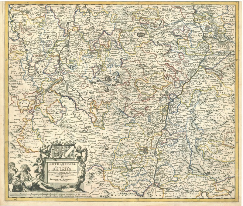 Map, Lotharingiae et utriusque Alsatiae in ditiones minores divisarum tractibusque et finitimis circumscriptorum novissima, nitidissima et accuratissima delineatio, Theodorus Danckerts (1663-1727), Copperplate print