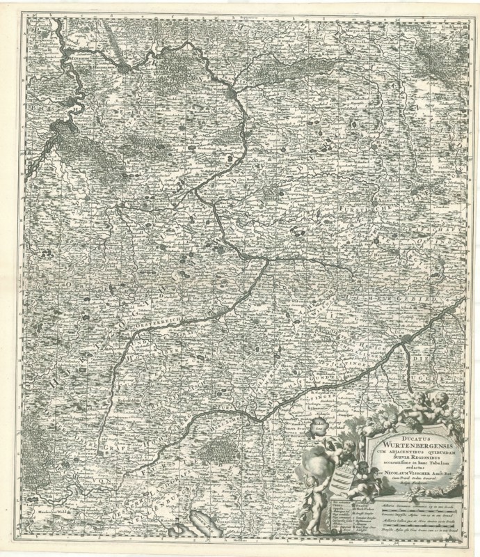 Map, Ducatus Wurtenbergensis cum adjacentibus quibusdam Sueviae regionibus, Nicolaes Jansz. Visscher (1618-1679), Copperplate print