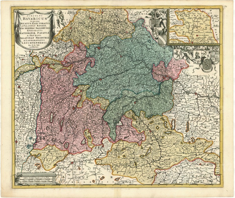 Map, Circulus Bavaricus in quo sunt ducatus, electoratus, & palatinat Bavariae, archiepisc. Salisburgi, episcopatus Ratisbonae, Pataviae & Fruxini, paltinat Neoburgi & landgraviatus Leuchtenbergi, Frederick de Wit (1610-1698), Copperplate print