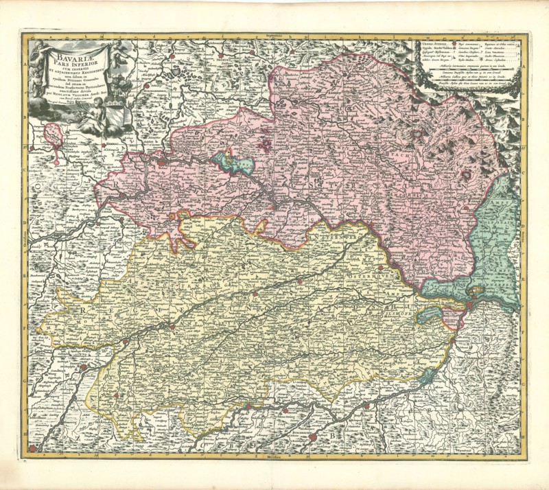 Map, Bavariae pars inferior cum insertis et adjacentibus regionibus non solum in ejusdem ditiones generales sed etiam in earundem praefecturas particulares exactissime divisa, Nicolaes Jansz Visscher (1618-1679), Copperplate print