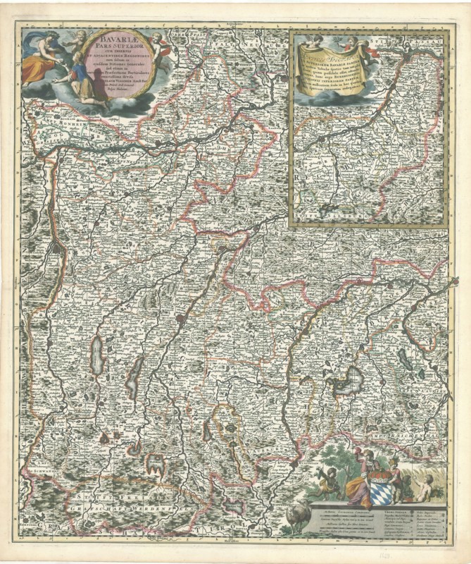 Map, Bavariae pars superior cum insertis et adjacentibus regionibus non solum in ejusdem ditiones generales sed etiam in earundem praefecturas particulares exactissime divisa, Nicolaes Jansz. Visscher (1618-1679), Copperplate print