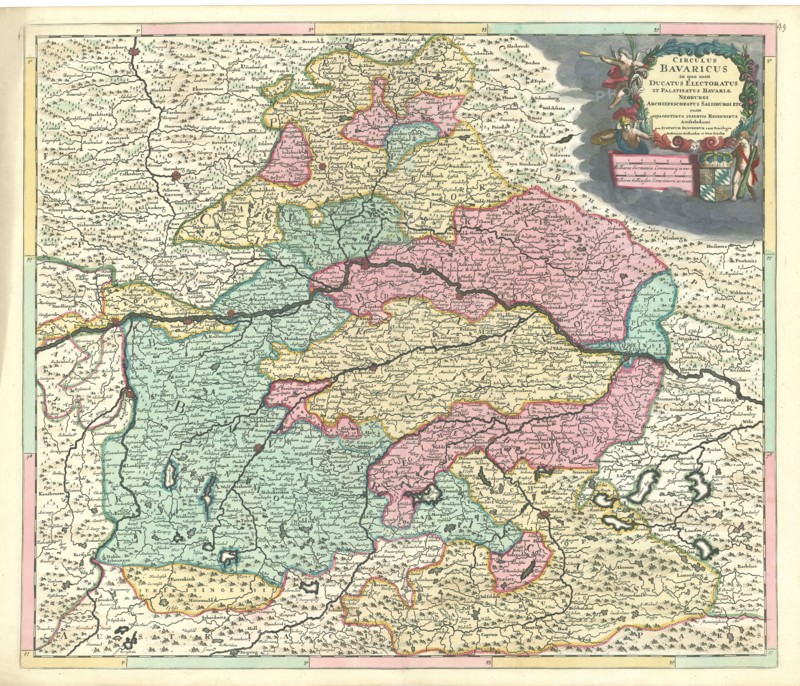 Map, Circulus Bavaricus in quo sunt ducatus electoratus et palatinatus Bavariae Neoburgi archiepiscopatus Salisburgi etc cum adjacentibus insertis regionibus, Copperplate print