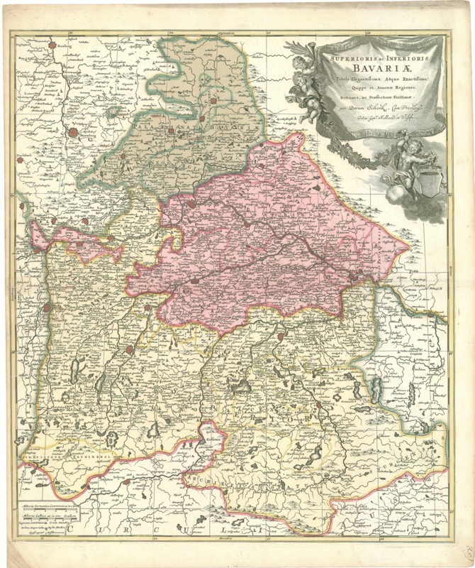 Map, Superioris ac Inferioris Bavariae tabula elegantissima atque exactissima quippe ei annexae regiones, ditiones, ac praefecturae finitimae, Petrus Schenk (1693-1775), Copperplate print