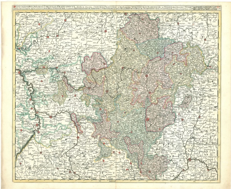 Map, Circulus Franconicus divisa in ducatus Coburgi, Franconiae, et episcopatus Wurtzburgi, Bambergae, et Stadii; marchionatus Culmbachii, et Onspachii; comitatus Hennenbergae, Rheineci, Werthemii, Erpachia, Limburgi, Hollae, Suartenburgi, et Castellae, Gerhard Valk (-1726), Copperplate print
