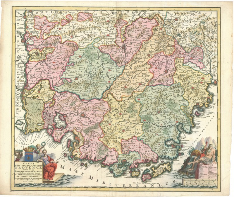 Map, Comté et Gouvernement General de Provence divise en ses senechaussees et viguerie avec les terres adjacentes scavoir la principaute d’Orange le comtat Venaisin etc. Dressez sur le Memoires les plus Nouveaux A. Schut. Schulpsit, Albert Schut, Copperplate print