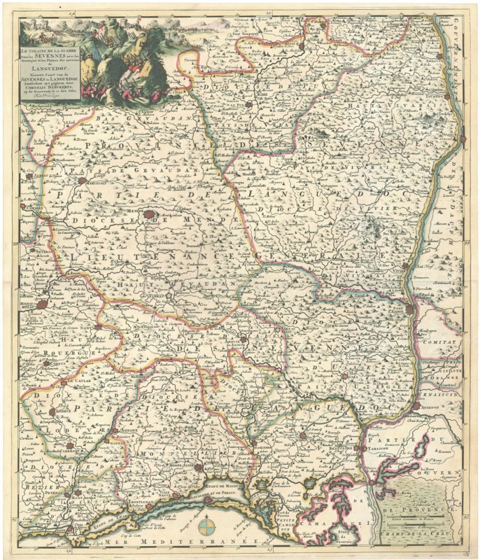 Map, Le theatre de la guerre dans les Sevennes avec les montagneet les plaines des environs de Languedoc Nieuwe caart van de Sevennes in Languedoc, Copperplate print