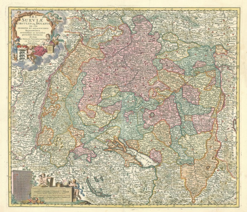 Map, S. R. I. Sueviæ circulus atque ducatus una cum insertis et adjacentibus regionibus accuratissime in earundem particulares provincias divisum, Nicolaes Jansz. Visscher (1618-1679), Copperplate print