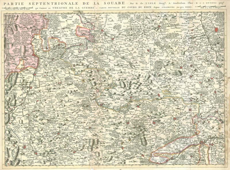 Map, Grand theatre de la guerre sur les frontieres de France & d'Allemagne ou carte nouvelle du cours du Rhin et des païs circonvoisins contenant la Haute & Basse Alsace, ..., Guillaume Delisle (1675-1726), Copperplate print