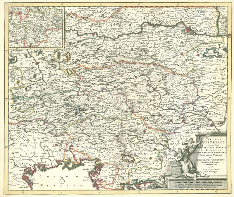 Map, Circuli Austriaci in quo sunt archiducatus Austriae ducatus Stiriae Carintiae Carniolae Comitatus Tirolis et episcopatus Tridentini novissima deschriptio, Copperplate print