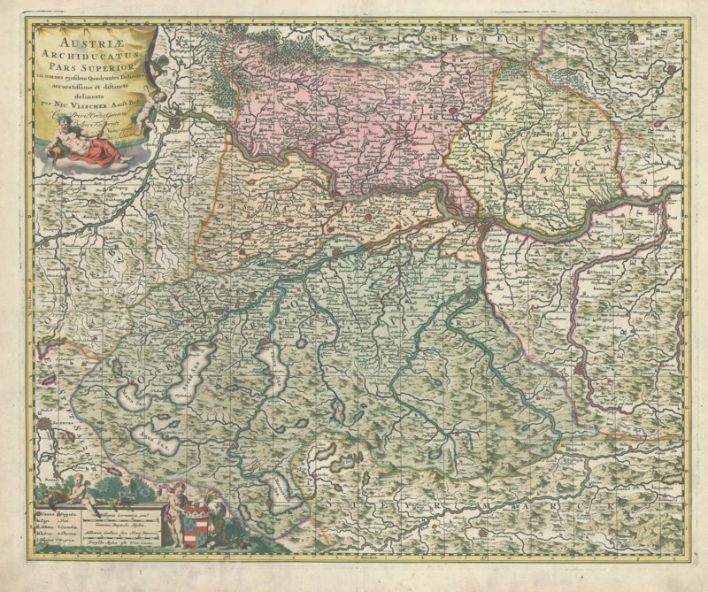Map, Austriae archiducatus pars superior in omnes ejusdem quadrantes ditiones accuratissime ét distincté delineata, Nicolaes Jansz. Visscher (1618-1679), Copperplate print