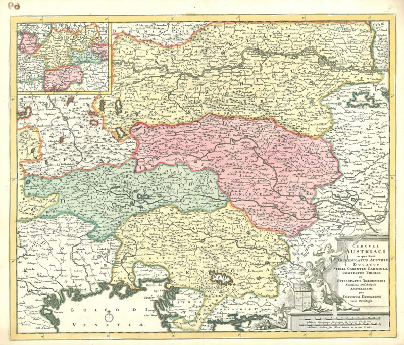 Map, Circuli Austriaci in quo sunt archiducatus Austriae ducatus Stiriae Carintiae Carniolae Comitatus Tirolis et episcopatus Tridentini novissima deschriptio, Justus Danckerts (1635-1701), Copperplate print