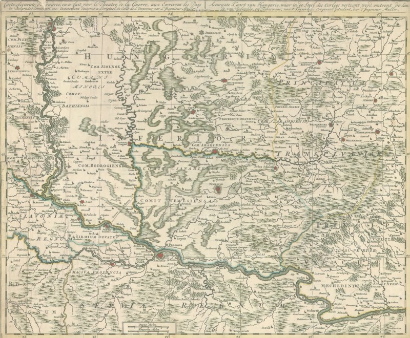 Map, Carte accurate d'Hongrie, ou se fait voir le theatre de la guerre, aux environs les pays de Belgrade, Temisvar =, Johann Christoph Müller (1673-1721), Copperplate print