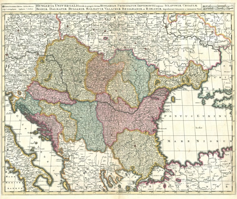 Map, Hungaria universalis divisa in proprie dictam Hungariam principatum septimonti regiones Sclavoniae Croatiae Bosniae Moldaviae Valachiae Bessarabiae et Romaniae, Gerhard Valk (-1726), Copperplate print