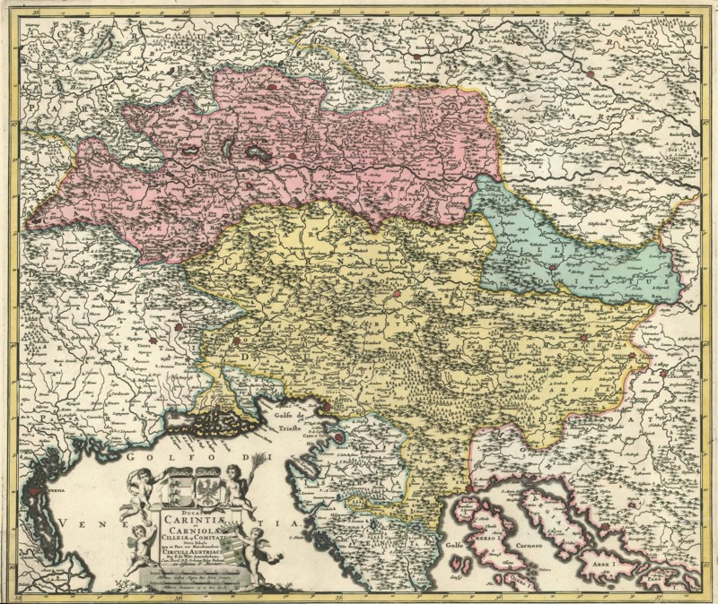 Map, Ducatus Carintiae et Carniolae Cilleiaeque comitatus nova tabula, Frederick de Wit (1610-1698), Copperplate print