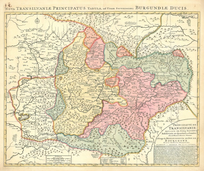Map, Principauté de Transilvanie divisée en cinqu nations subdivisée en quartiers et comtez =, Hubert Jaillot (1632-1712), Copperplate print