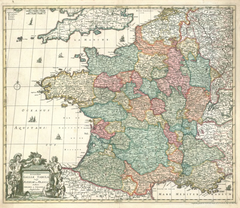 Map, Accuratissima Galliae tabula vulgo Royaume de France, Gerrit van Schagen (1677-1690 fl.), Copperplate print