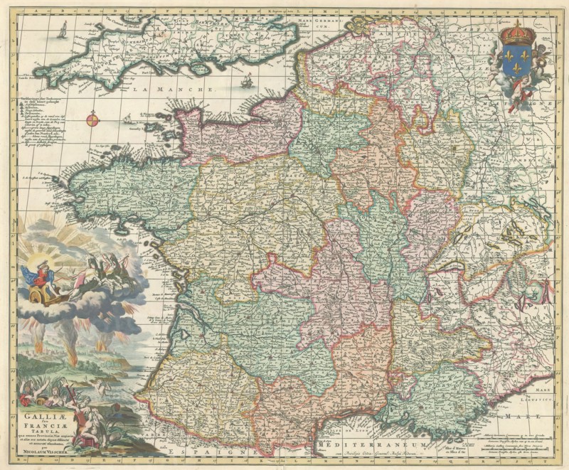 Map, Galliae seu Franciae tabula, qua omnes provinciae, viae angiariae, et aliae res notatu dignae distincté et accuraté ostenduntur, Nicolaes Jansz. Visscher (1618-1679), Copperplate print