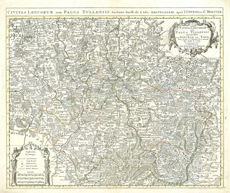 Map, Civitas Leucorum sive pagus Tullensis aujourdhui le diocese de Toul, Guillaume Delisle (1675-1726), Copperplate print