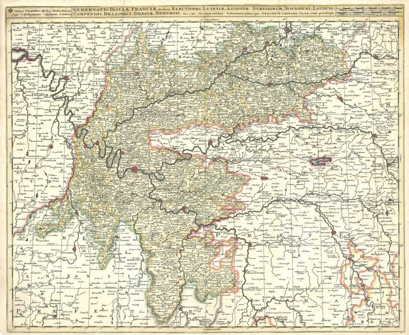 Map, Gubernatio insulae Franciae, divisa in electiones Lutetiae, Augustae Suessionum, Novioduni, Lauduni, Compendii, Bellovaci, Dresiae, Nemursii etc. cum circumjacentibus gubernationibus, Gerhard Valk (-1726), Copperplate print