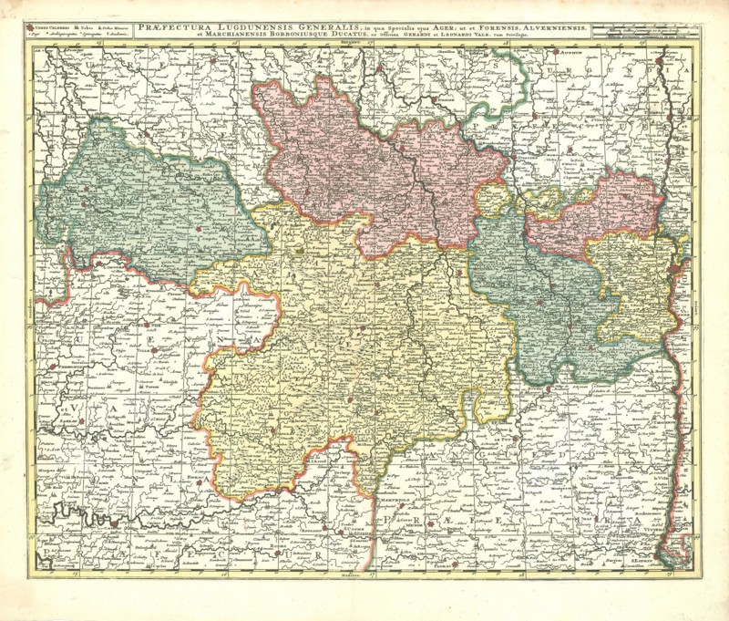 Map, Praefectura Lugdunensis generalis, in qua specialis ejus Ager; ut et Forensis, Alverniensis, et marchianensis Borboniusque ducatus, Copperplate print