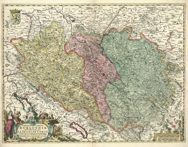 Map, Comitatus sive Liberae Burgundiae nova tabula vulgo dicta La Franche comté, Frederick de Wit (1610-1698), Copperplate print
