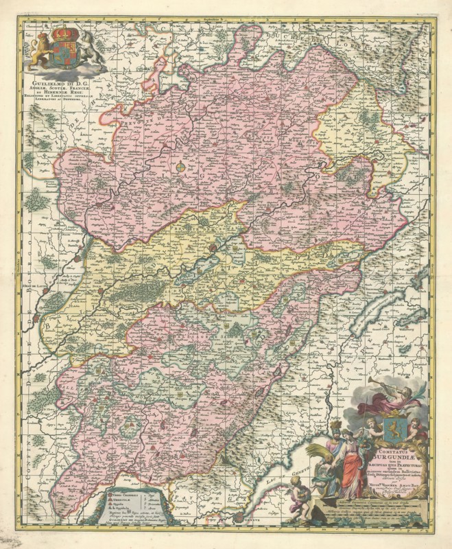 Map, Comitatus Burgundiae tam in praecipuas ejus praefecturas quam in minores earundem balliviatus aliasque ditiones subjacentes et insertas distincte divisus, Nicolaes Jansz. Visscher (1618-1679), Copperplate print