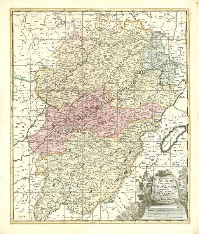 Map, Superior Burgundiae comitatus; vulgo la Franche Comté complectens praefecturas Amontii, Dolae, Avalli quibus adjectus comitatus Montis Belligardi, Gerhard Valk (-1726), Copperplate print