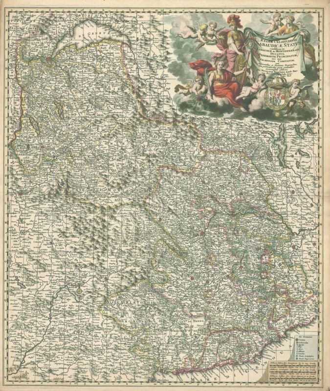 Map, Regiae celsitudinis Sabaudicae Status, consistens in Sabaudiae ac Montisferrati ducatus, Pedemontii principatum, nec non Nicaeensem comitatum, cum adjacentibus et finitimis regionibus, tam particulariter quam generaliter, Nicolaes Jansz. Visscher (1618-1679), Copperplate print