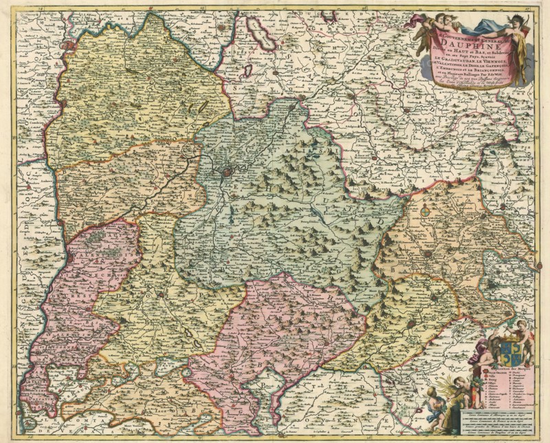 Map, Le gouvernement general du Dauphiné divisé en Haut et Bas, et subdivisé en ses sept pays, sçavoir le Graisivaudan, le Viennois, le Valentinois, le Diois, le Gapençois, l'Embrunois et le Briançonnois, et en plusieurs balliages, Frederick de Wit (1610-1698), Copperplate print