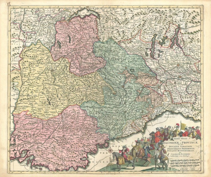 Map, Sedes belli in Dauphinæ et Provinciæ. nec non ducatus Sabaudiæ. principatus Pedemontii. ducatus Montisferrati, Cornelis Danckerts II (1664-1717), Copperplate print