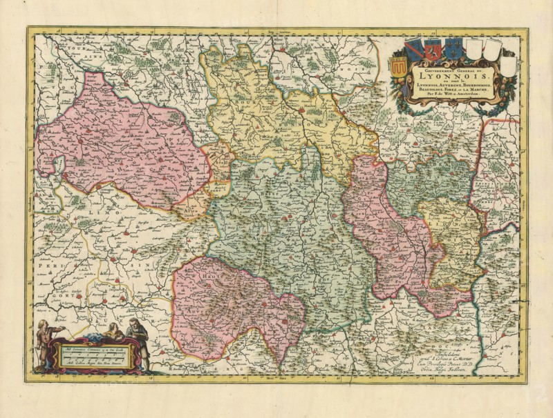 Map, Gouvernement general du Lyonnois, ou sont le Lyonnois, Auvergne, Bourbonnois, Beauiolois, Forez, et la Marche, Frederick de Wit (1610-1698), Copperplate print