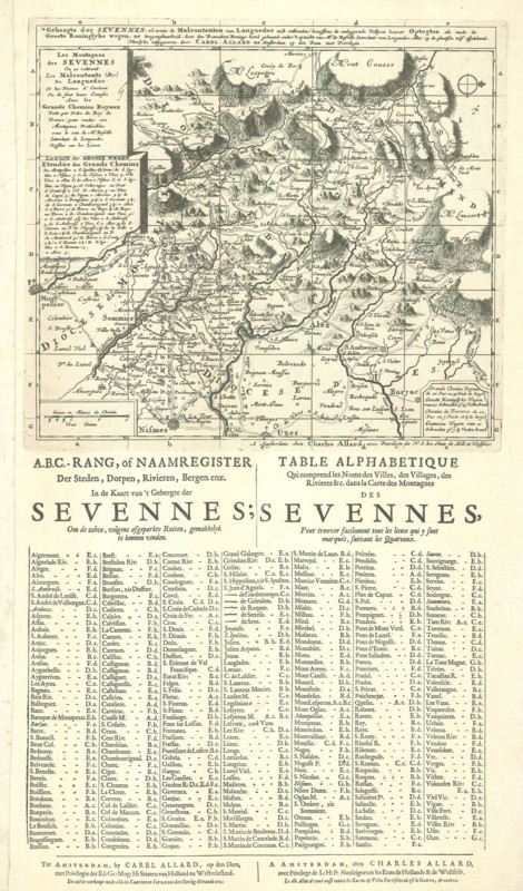 Map, Les montagnes des Sevennes ou se retirent les Malcontents (&c) de Languedoc et les plaines d'environ ou ils font leurs courses avec les grands chemins royaux, Copperplate print
