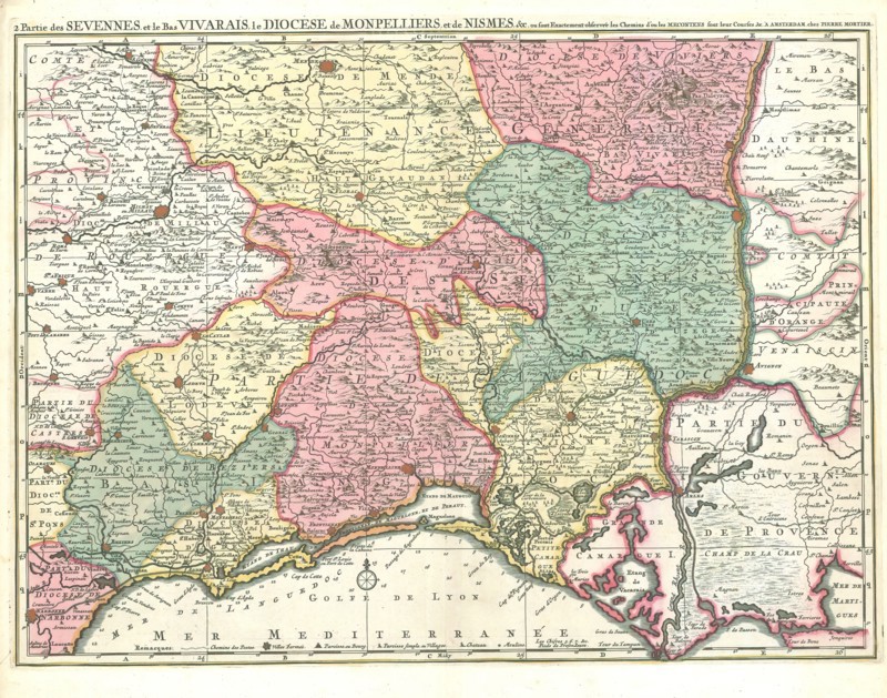 Map, 2 partie des Sevennes et le Bas Vivarais, le diocese de Montpellier, et de Nismes, &c., Copperplate print