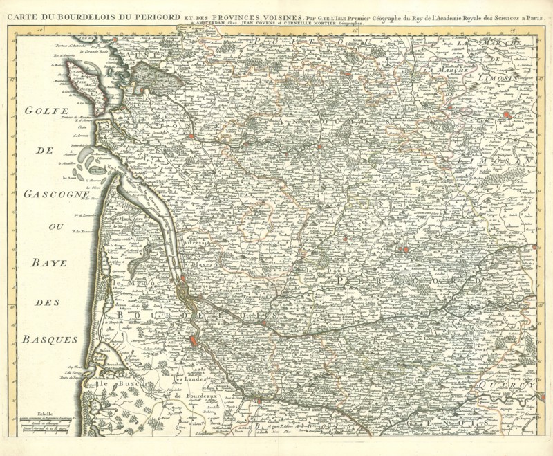 Map, Carte du Bourdelois du Perigord et des provinces voisines, Guillaume Delisle (1675-1726), Copperplate print