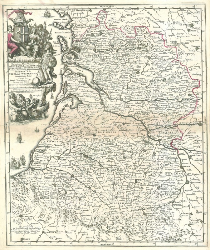 Map, Novissimam hanc tabulam Aquitaniae et Vasconiae, Guascogne et Guienne dictae provincias curiosissime representantem, Romeyn de Hooghe (1645-1708), Copperplate print