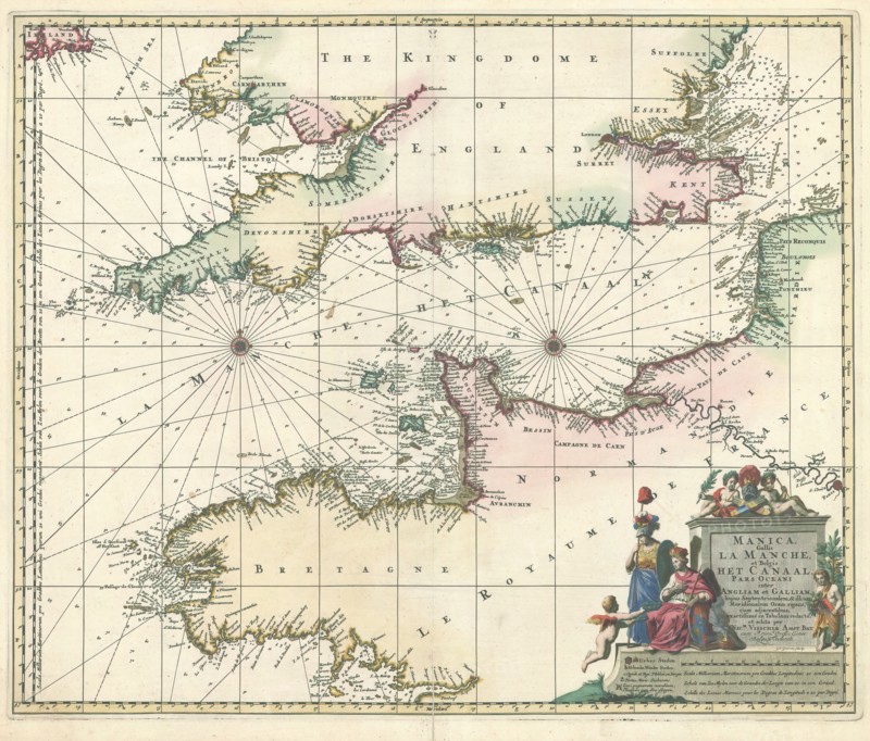 Map, Manica, Gallis La Manche, et Belgis Het Canaal, pars Oceani inter Angliam et Galliam, hujus Septentrionalem & illius Meridionalem Oram rigans, cum adjacentibus, Nicolaes Jansz. Visscher (1618-1679), Copperplate print
