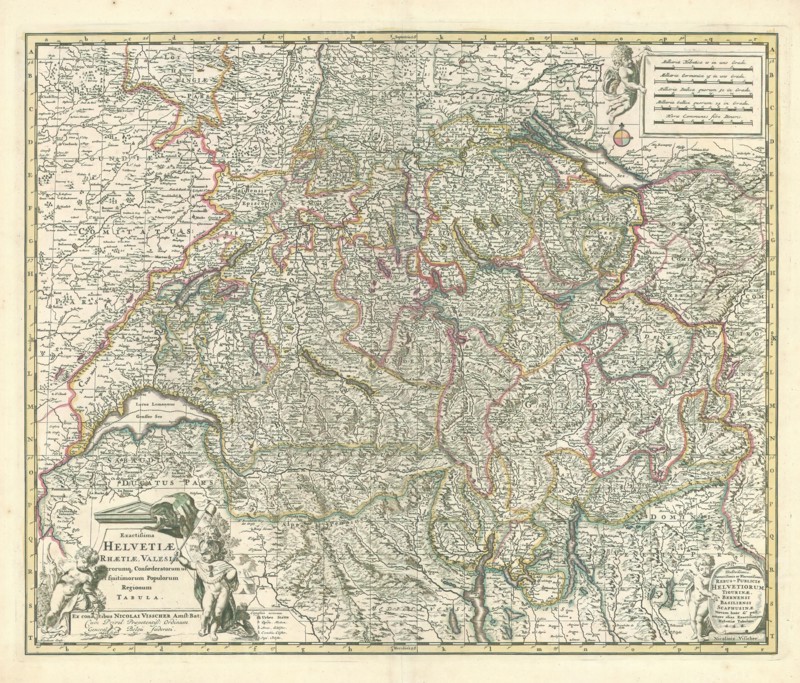 Map, Exactissima Helvetiae Rhaetiae, Valesiae caeterorumq. confoederatorum ut et finitimorum populorum regionum tabula, Nicolaes Jansz. Visscher (1618-1679), Copperplate print