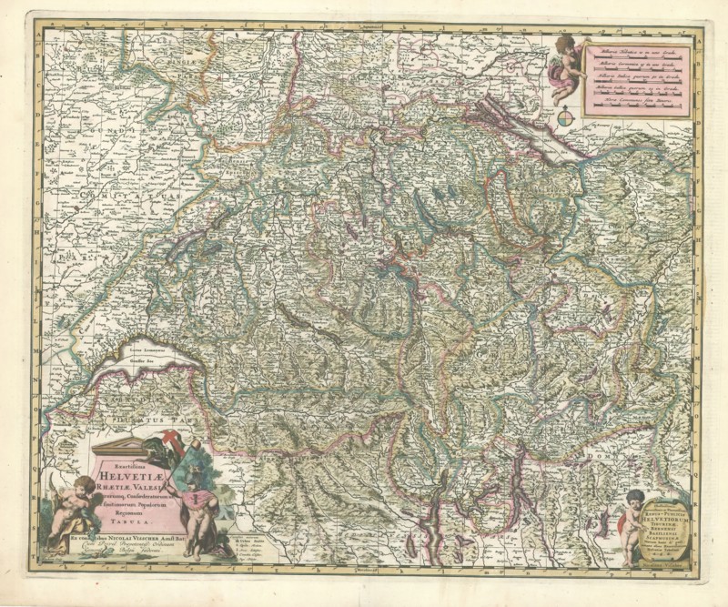 Map, Exactissima Helvetiae Rhaetiae, Valesiae caeterorumq. confoederatorum ut et finitimorum populorum regionum tabula, Nicolaes Jansz. Visscher (1618-1679), Copperplate print
