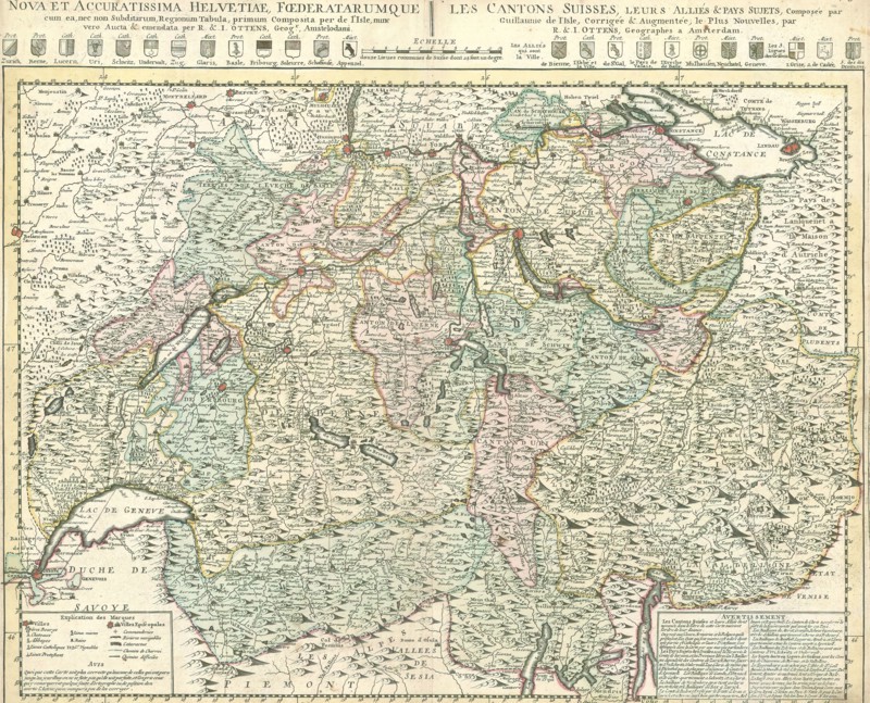 Map, Nova et accuratissima Helvetiae foederatarumque cum ea nec non subditarum regionum tabula =, Guillaume Delisle (1675-1726), Copperplate print
