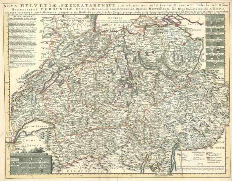 Map, Nova Helvetiae, foederatarumque cum eâ, nec non subditarum regionum tabula, ad usum serenissimi Burgundiae ducis, Guillaume Delisle (1675-1726), Copperplate print