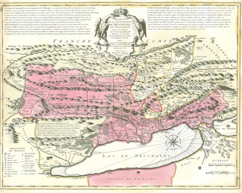 Map, Carte de la souveraineté de Neuchatel et Vallangin, David François de Merveilleux (1652-1712), Copperplate print