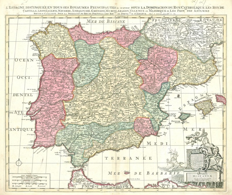 Map, Accuratissima totius regni Hispaniae et Portugalliae tabula, Nicolas Sanson (1600-1667), Copperplate print