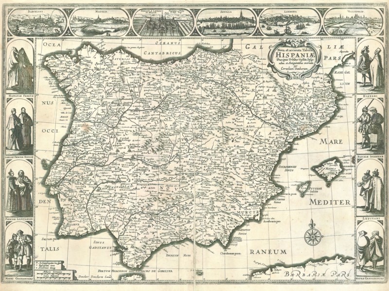 Map, Nova et accurata tabula Hispaniae praecipuis urbibus vestitu insignibus, et antiquitatibus exornata, Cornelis Danckerts II (1664-1717), Copperplate print