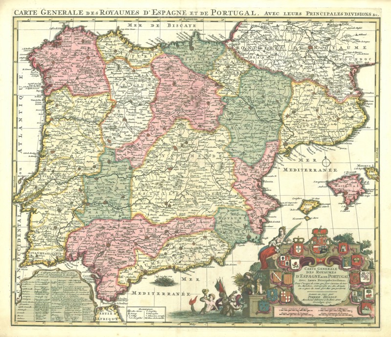 Map, Carte generale des Royaumes d'Espagne & de Portugal, Pieter Husson (1678-1733), Copperplate print
