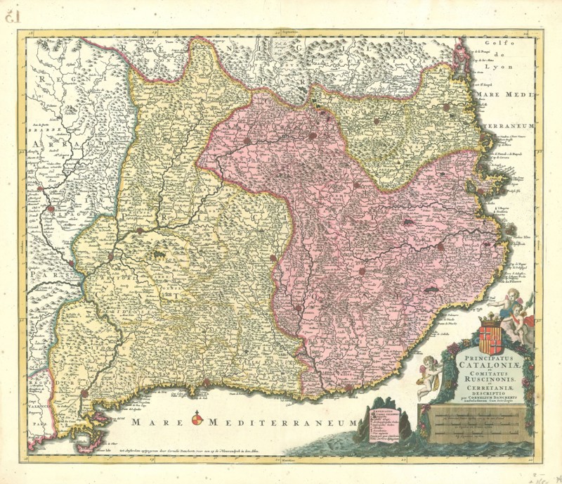 Map, Principatus Cataloniæ et comitatus Ruscinonis, et Cerretaniæ descriptio, Cornelis Danckerts II (1664-1717), Copperplate print