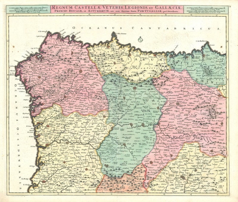 Map, Regnum Castellae veteris, Legionis, et Gallaeciae, princip. Biscaiae, et Asturiarum, nec non Maxime partis Portugalliae, Justus Danckerts (1635-1701), Copperplate print