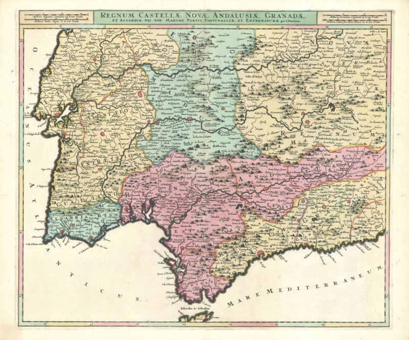 Map, Regnum Castellae novae, Andalusiae, Granadae, et Algarbiae, nec non maxime partis Portugalliae, et Extramadurae, Justus Danckerts (1635-1701), Copperplate print