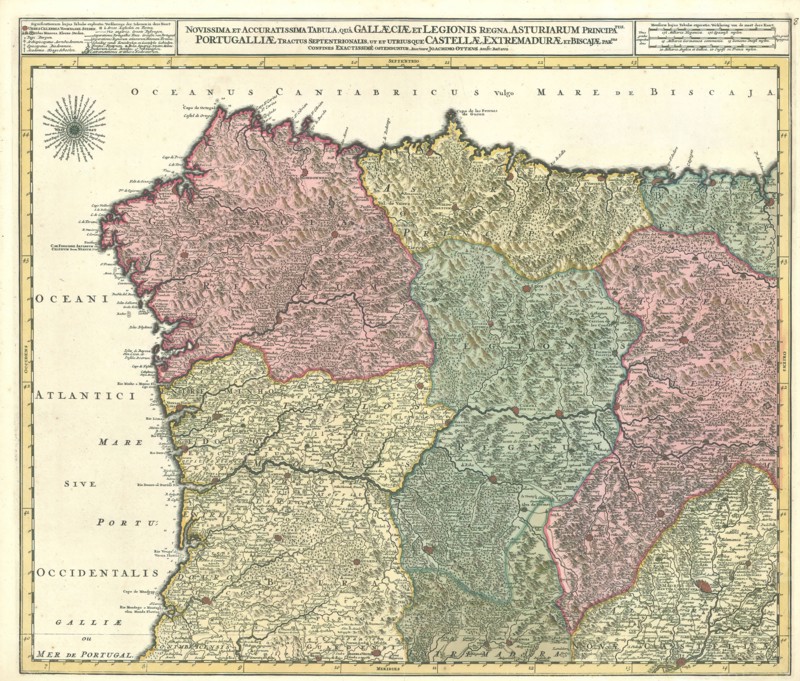Map, Novissima et accuratissima tabula quâ Gallaeciae et Legionis Regna, Asturiarum principatus, Portugalliae tractus Septentrionalis, ut et utiusque Castellae, Extremadurae et Biscajae partes confines exactissimè ostenduntur, Reinier Ottens (1698-1750), Copperplate print
