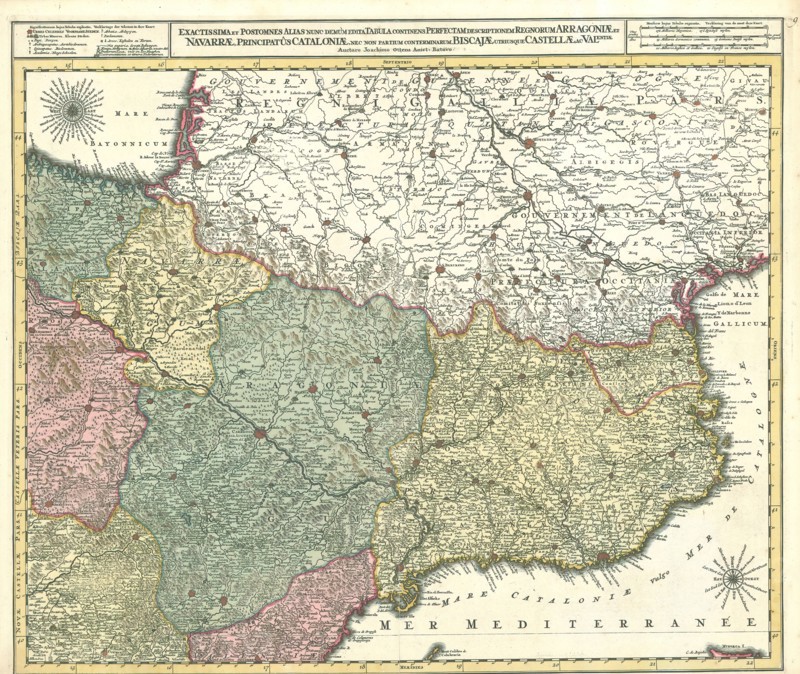 Map, Exactissima et postomnes alias nunc demùm edita tabula continens perfectam descriptionem Regnorum Arragoniae et Navarrae, principatûs Cataloniae, nec non partium conterminarum Biscajae utriusque Castellae ac Valentiae, Reinier Ottens (1698-1750), Copperplate print